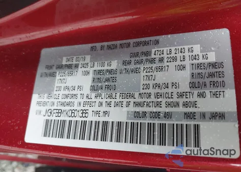 2019 Mazda Cx-5 Sport from USA, damaged, VIN JM3KFBBM1K0601365